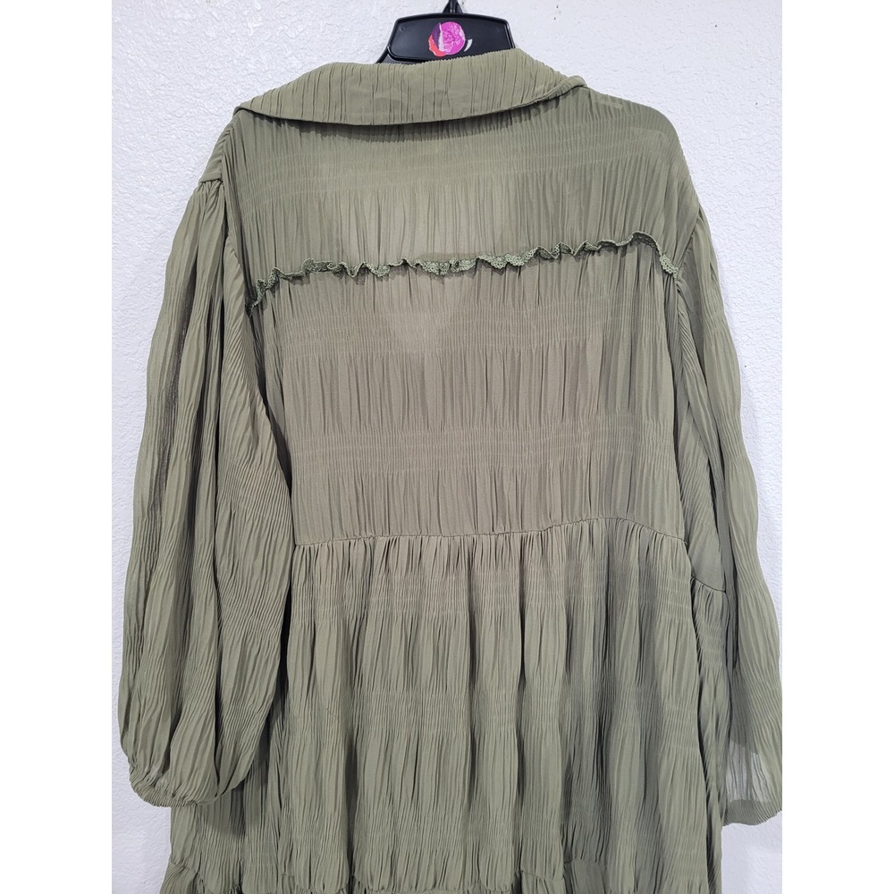 Like Love Olive Green Crinkle Tiered Maxi Dress 2X‎ Button Front Collared #1 - Picture 4 of 5